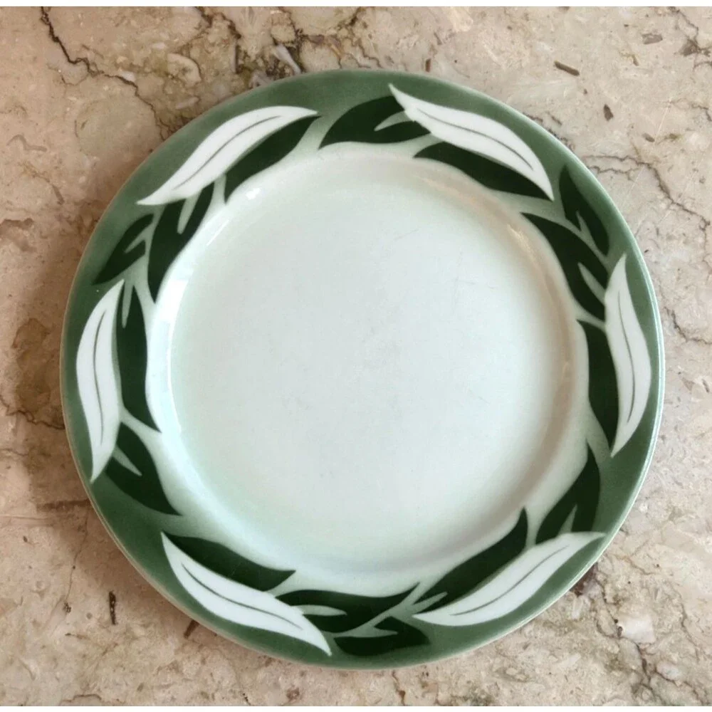 Vintage Jackson China Dinner Plates 9" Airbrushed Green Leaves 1960's USA Made